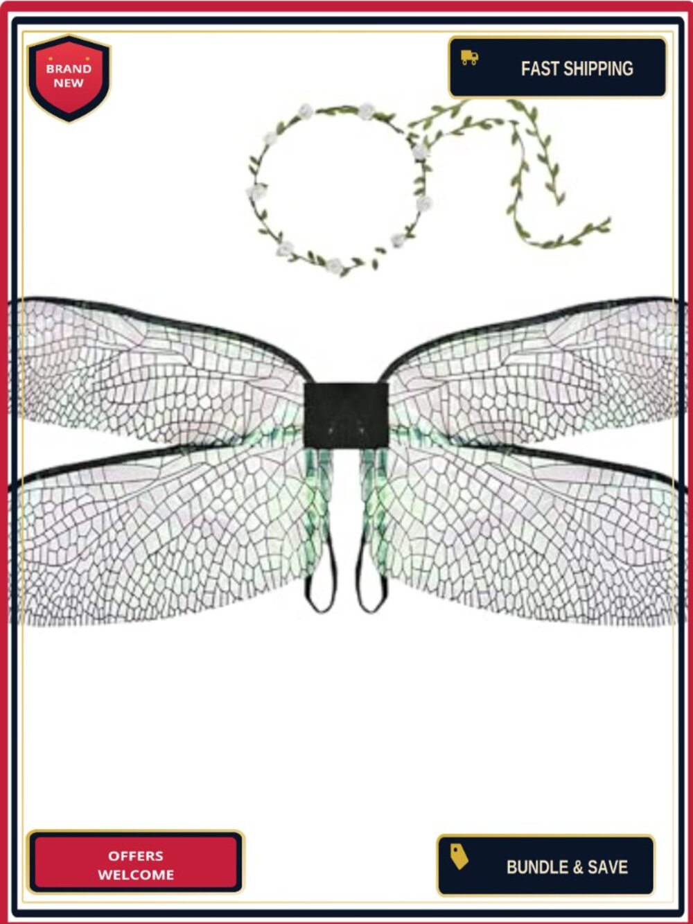 Dragonfly Wings Flower Crown Costume Accessory Set Cosplay Fairy Adult